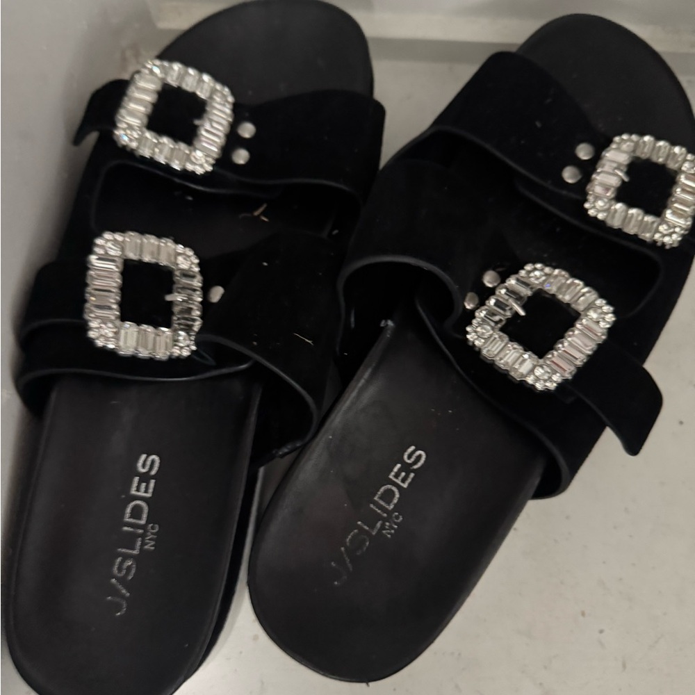 J SLIDES SIZE 10 Women's Black Sandals with Silver Buckles - Picture 1 of 1